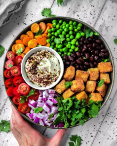 GOOSEBERRY AND CHICKPEA TOFU BURRITO BOWL WITH TAHINI SOUR CREAM DIP