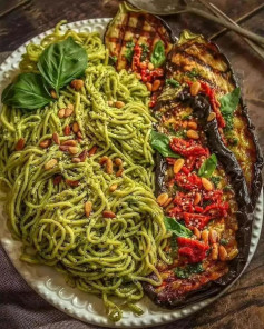 Grilled Aubergine & Pesto Pasta 🌿⁣