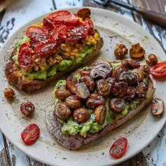 Left: Sourdough with mashed avocado + tofu scramble + roasted tomatoes⁣Right: Sourdough with mashed avocado + Tamari mushrooms