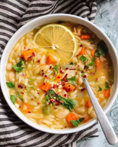 Lemon White Bean Orzo Soup by @plantbasedrd