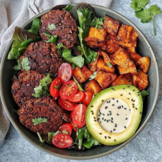 Lentil Mushroom Patties w/ Smoky Sweet Potatoes