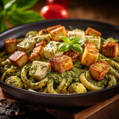 Macadamia Pesto Pasta with Crispy Tofu