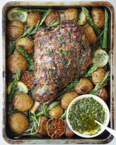 Marinated leg of lamb with hasselback potatoes + wild garlic salsa verde