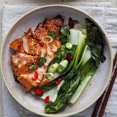 Miso glazed salmon with sesame pak choi