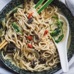 Noodles in a mushroom coconut broth