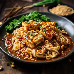 Noodles with Peanut Sauce and Baked Garlic Chili Tofu