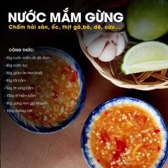 nước mắm gừng, chấm hải sản, ốc, thịt gà, bò dê cừu, nước mắm chua ngọt, chấm gỏi, thịt luộc bánh tráng ghêu sò hấp, nước chấm bánh xèo, nước chấm bún chả