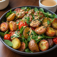 Oven-roasted baby potatoes with spinach, roasted garlic, grape tomatoes and an umami tahini dressing