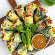 Rainbow summer rolls with marinated tofu & peanut sauce