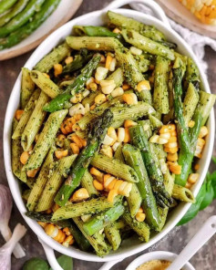 🍃💚 Roasted Corn and Asparagus Pesto Penne Pasta