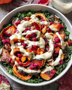 Roasted Vegetable Kale Salad and the most delicious Creamy Squash Tahini Dressing!