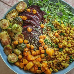 Roasted Veggie Nourish Bowl with Barley & Lentils + Maple Dijon Dressing 🌿⁣