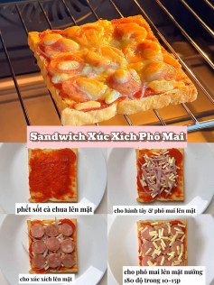 sandwich xúc xích phô mai, sandwich thịt nguội trứng, sandwich nướng ngọt, sandwich rau củ và tôm