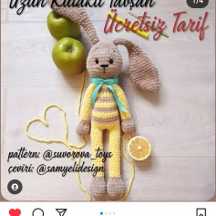 Sarı kıyafetler giyen uzun kulaklı tavşan tığ işi modeli.