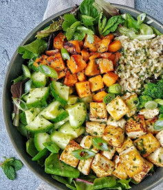 Seasoned Tofu & Roasted Sweet Potato Bowlwith Asian-inspired Orange Vinaigrette