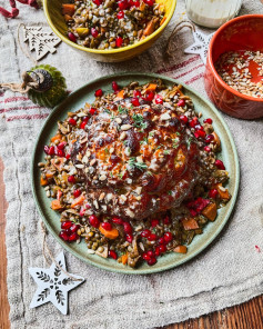 Served on a bed of earthy, super tasty puy lentils then topped with creamy tahini dressing and little pops of gem like pomegranate seeds for an extra festive feel.