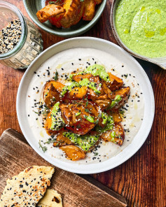 Simple pleasures - my whipped butter bean tahini, roast squash, pesto & toasted seeds!