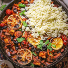 Skillet Harissa Tofu & Chickpea Stew with Couscous 🌿⁣