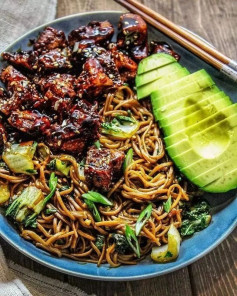 Sweet & Sour Tofu with Soba Stir Fry & Avocado