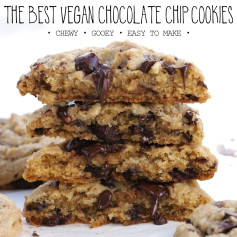 These are hands down the best vegan chocolate chip cookies you will ever make! They are crispy on the outside, and perfectly chewy! They are sweet (but not too sweet), buttery, and oozing with melty chocolate.