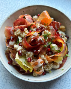 This carrot ribbon and pearl barley salad would make a bright and cheerful addition to any festive spread