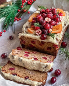 This Cranberry Orange Banana Bread by @naturallyzuzu with vegan buttercream frosting will put you in the holiday mood instantly!🎄⠀