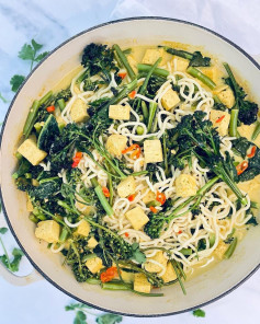 Tofu curry with noodles and purple sprouting broccoli