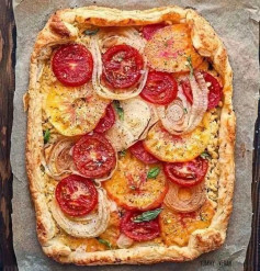 tomato onion tart w/ basil ricotta