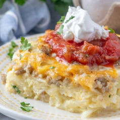 Wake up to a delicious brunch with this fluffy and flavorful Sausage & Egg Casserole. Its packed with sausage, cheese, and potatoes, and you can even prep it the night before!⁠