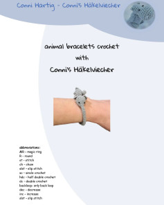 animal bracelets crochet with connis hakelviecher elephant, giraffe, crocodile, monkey, ostrich, sloth, camel, meerkat, chameleon