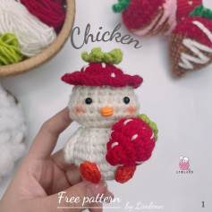 crochet pattern chicken wearing strawberry hat, holding strawberry