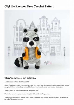 Gigi the Raccoon wear a yellow shirt Free Crochet Pattern