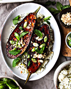 Maple & miso aubergine with sticky coconut rice, green beans