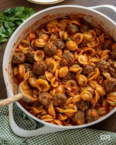 Savoury meatballs with a mixture of ground beef, mushrooms, herbs and parmesan with tender orecchiette pasta in a delicious pasta sauce made from fresh tomatoes and garlic. A hearty comforting meal that is perfect for any occasion.