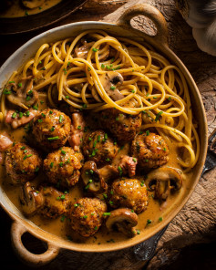 Tarragon Chicken Meatballs and Linguine with Mushroom and Bacon Sauce