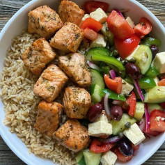 This Greek Salmon, Rice & Horiatiki Salad Bowl is where it’s at! So many fresh flavors and nourishment all in one bowl.