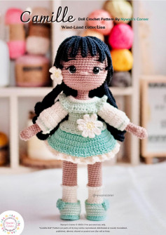 Camille Doll wearing a dress Crochet Pattern