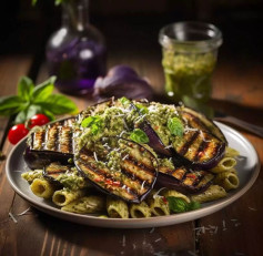 Grilled Aubergine & Pesto Pasta food