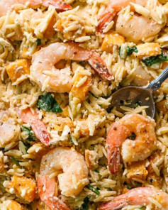 Easy Baked Shrimp, Feta, and Butternut Squash Orzo Pasta: