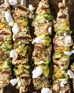 Greek-Inspired Grilled Chicken Skewers with Squash Ribbons: