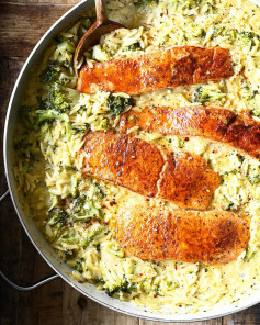 One pot broccoli cheddar salmon orzo