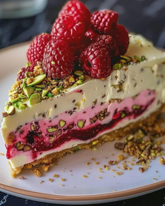 Pistachio Raspberry Crunch mousse cake