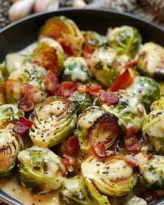 Savory Brussels Sprouts in Creamy Garlic Parmesan Sauce with Crispy Bacon