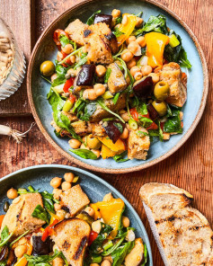 smoky aubergine panzanella & chickpea salad