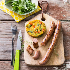 Spring on a Plate: Grilled Marinated Chipolatas with Vegetable Crisps