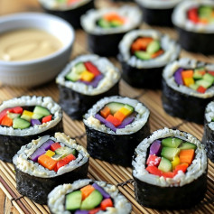 Veggie Rainbow Sushi Rolls with Tamari Almond Butter Sauce