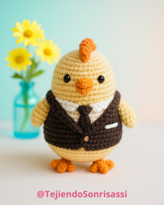 Crea tu propio pollito elegante con este patrón de crochet detallado.