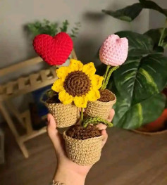 Gráfico de ganchillo: Flores y corazón en macetas.