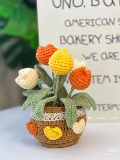 Chậu hoa tulip móc len đầy sắc màu cho góc nhà thêm xinh