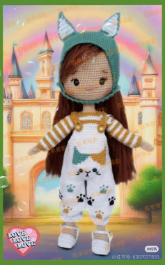 Crochet Doll with Cat-Themed Outfit and Cute Fox Ears Hat